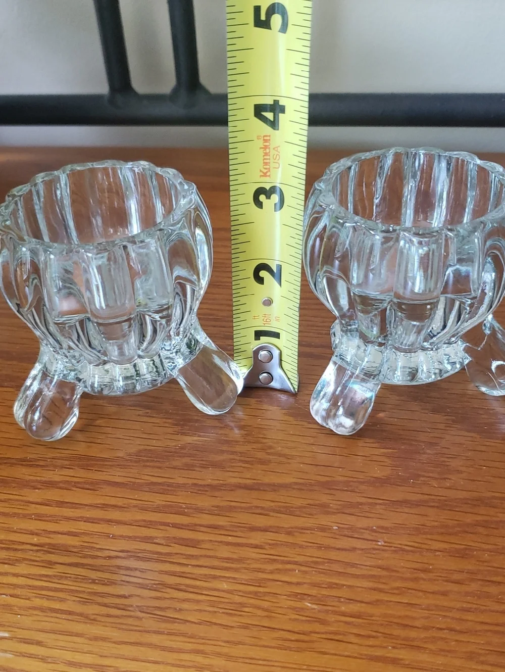 Vtg Clear Glass Triple-Leg  Candlestick Holders with Green Decorative Candles
